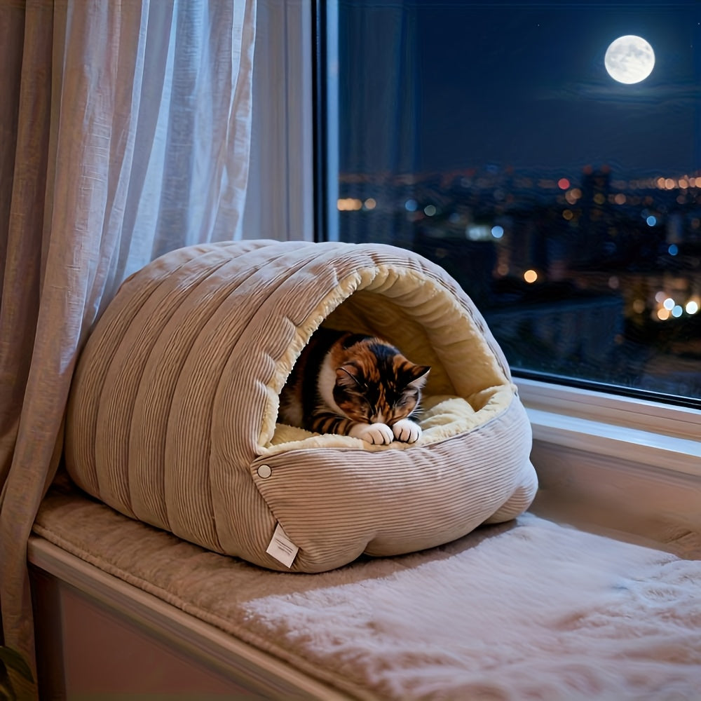 High-Elasticity Warm Cat Bed: 57×37×28cm Wrapped Design, Striped Fleece + Arctic Fleece Heat Retention, Removable & Washable(light purple)