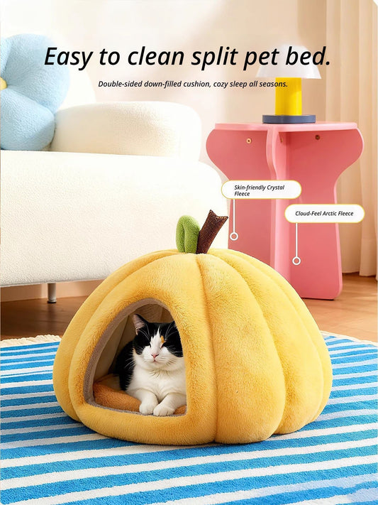 Cozy Pumpkin Cat Cave Bed – Warm Plush Indoor Pet Nest with Removable Cushion (Orange / S)