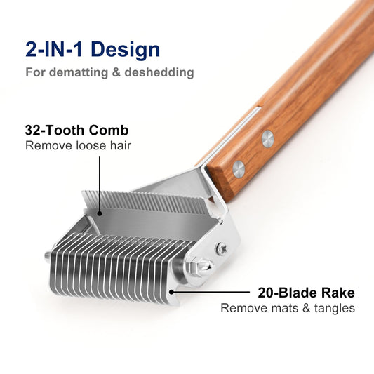 2-in-1 Dematting Comb & Shedding Brh, Undercoat Rake Grooming Tool with Wooden Handle for Dogs & Cats - Easily Removes Mats, Tangles, and Loose Hair