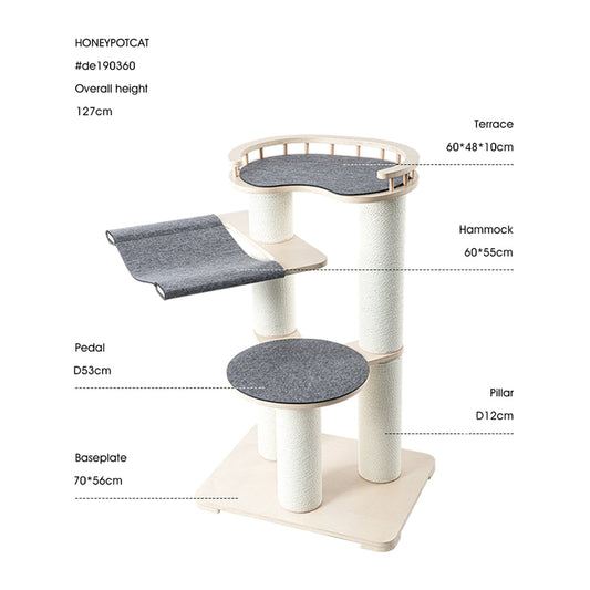 HONEYPOTCAT Leisure Loft With Hammock & Scratch Post - Gray Felt - 127cm