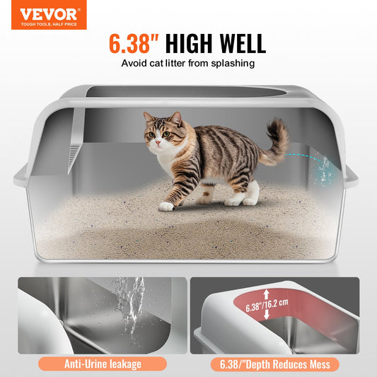 VEVOR Cat Litter Box, 152 mm Deep, XL Extra Large Stainless Steel Cat Litter Box with Scoop, Wide Filtering Foot Board & High Sides, Enclosed Odor-Free Easy-to-Clean Litter Box, Fit for Big Cats