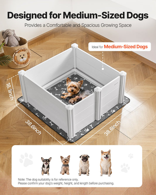 VEVOR Dogs Whelping Box, 980 x 980 x 460 mm, Plastic PVC Puppies Playpen with Height Adjustable Door and Washable Pee Pad, Anti-Deformation Indoor Puppy Play Pen for Medium Breed Dogs, Milk White