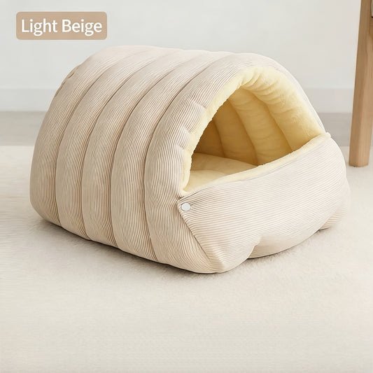 High-Elasticity Warm Cat Bed: 57×37×28cm Wrapped Design, Striped Fleece + Arctic Fleece Heat Retention, Removable & Washable（light beige）