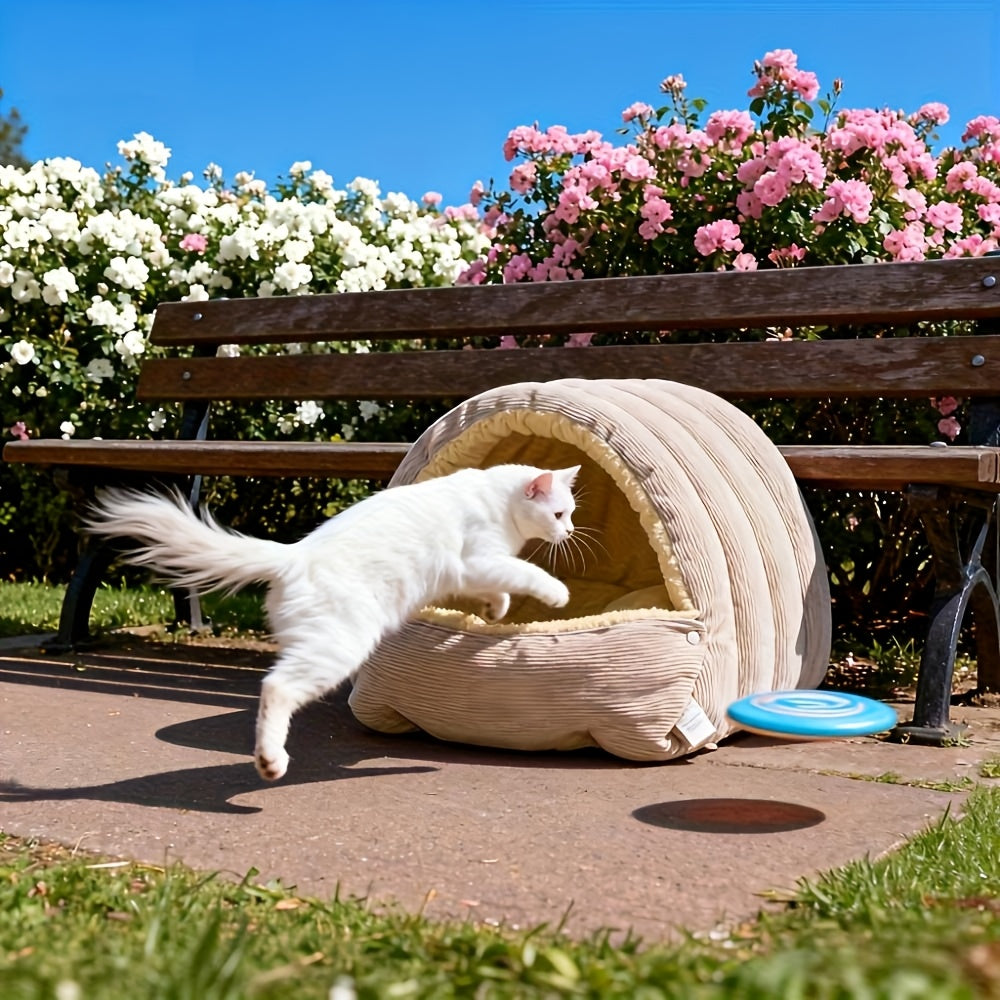 High-Elasticity Warm Cat Bed: 57×37×28cm Wrapped Design, Striped Fleece + Arctic Fleece Heat Retention, Removable & Washable（light beige）