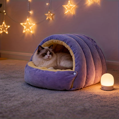High-Elasticity Warm Cat Bed: 57×37×28cm Wrapped Design, Striped Fleece + Arctic Fleece Heat Retention, Removable & Washable（light beige）