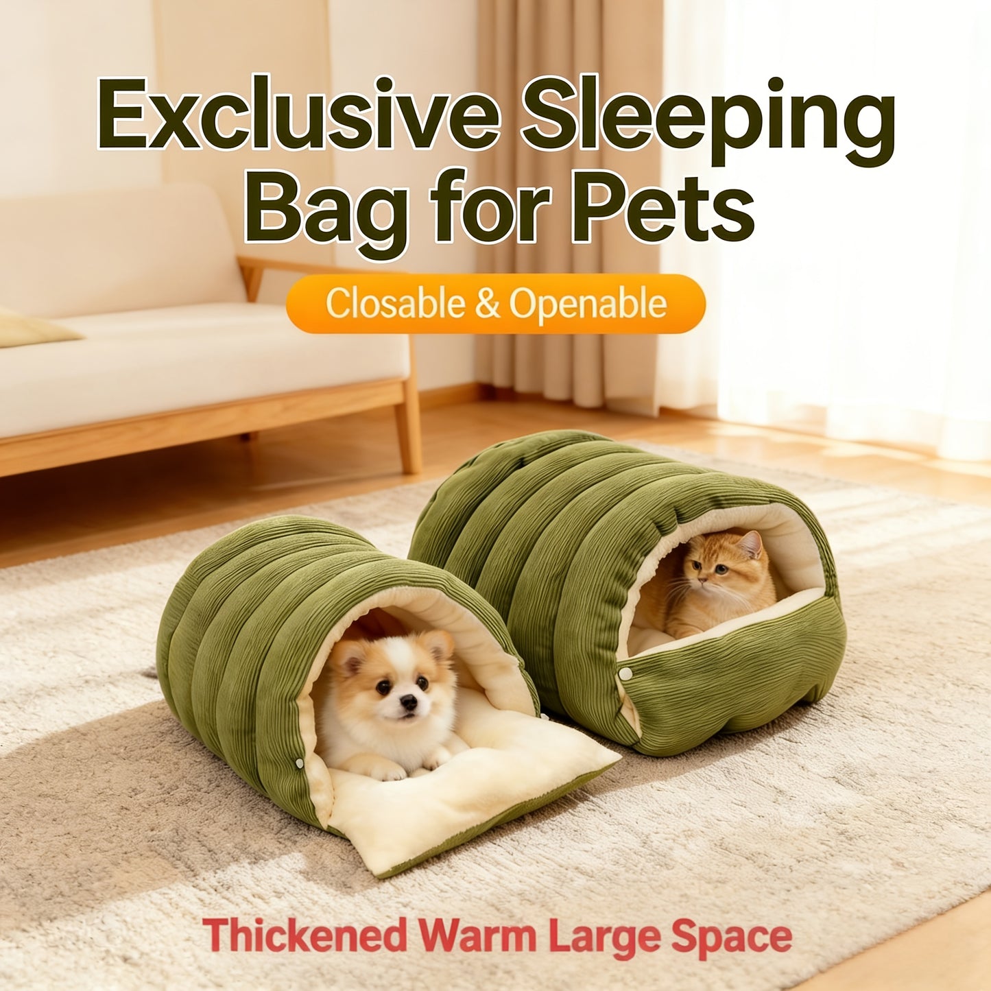 High-Elasticity Warm Cat Bed: 57×37×28cm Wrapped Design, Striped Fleece + Arctic Fleece Heat Retention, Removable & Washable（light beige）