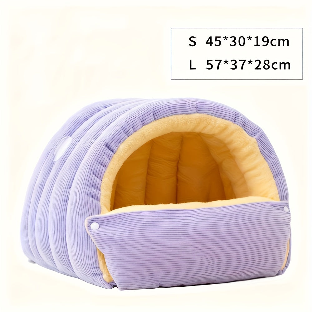 High-Elasticity Warm Cat Bed: 57×37×28cm Wrapped Design, Striped Fleece + Arctic Fleece Heat Retention, Removable & Washable（light purple）