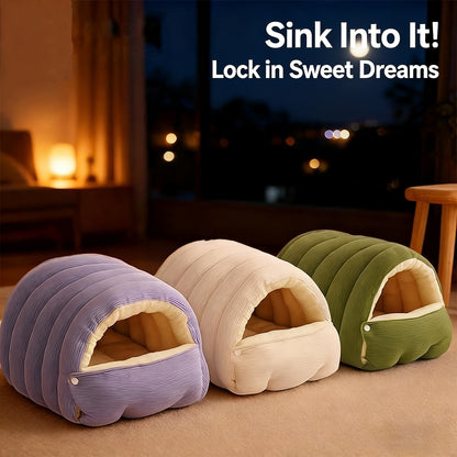 High-Elasticity Warm Cat Bed: 57×37×28cm Wrapped Design, Striped Fleece + Arctic Fleece Heat Retention, Removable & Washable（light purple）