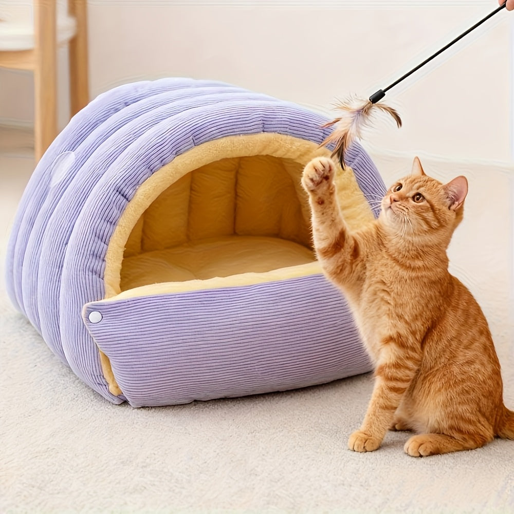 High-Elasticity Warm Cat Bed: 57×37×28cm Wrapped Design, Striped Fleece + Arctic Fleece Heat Retention, Removable & Washable（light purple）