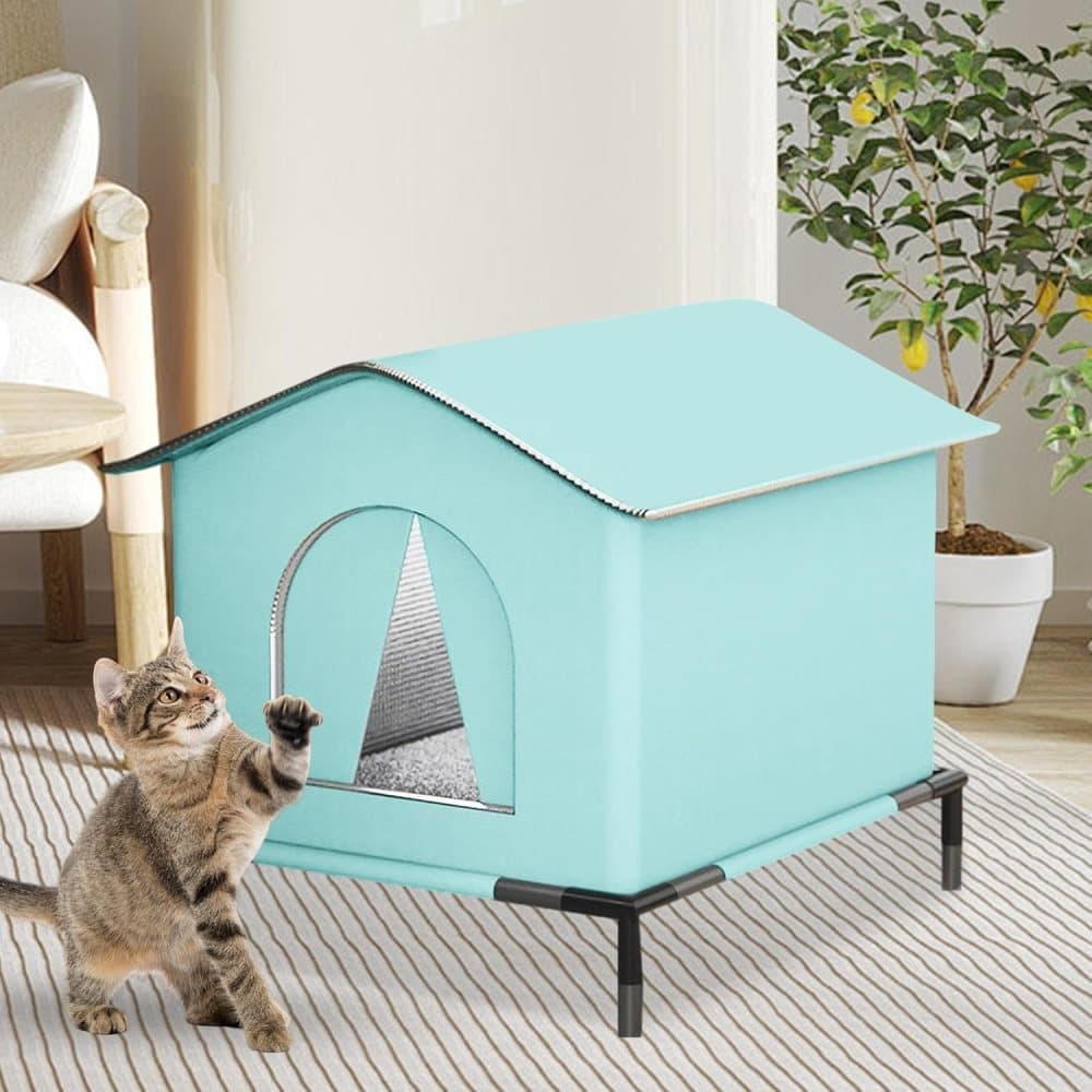 1 Pack Waterproof Insulated Outdoor Cat House for Homeless Cats and Small Animals, 42 x 42 x 42cm, Blue