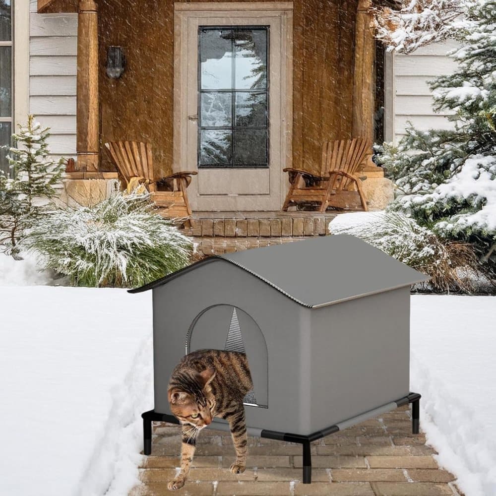 1 Pack Waterproof Insulated Outdoor Cat House for Homeless Cats and Small Animals, 42 x 42 x 42cm, Gray