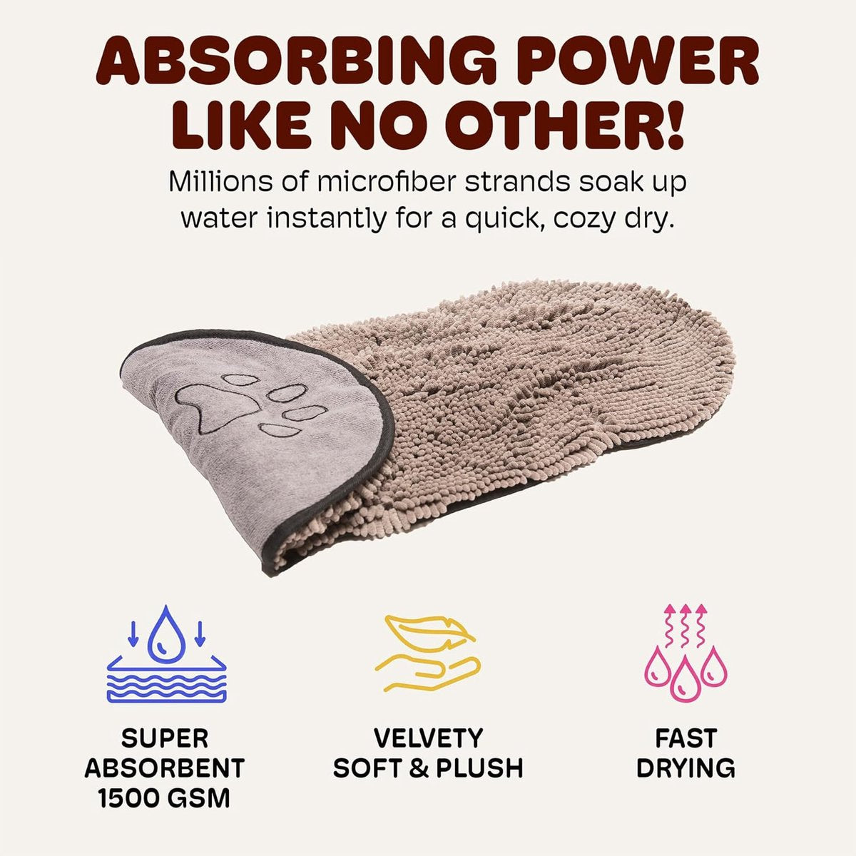 Dog Towel - Quick-drying dog towel - Super absorbent dog towel - Bath towel for dogs - Comfortable paw pockets - Suitable for indoor and outdoor use - Durable material - Machine washable (Gray, 62 x 25 cm)