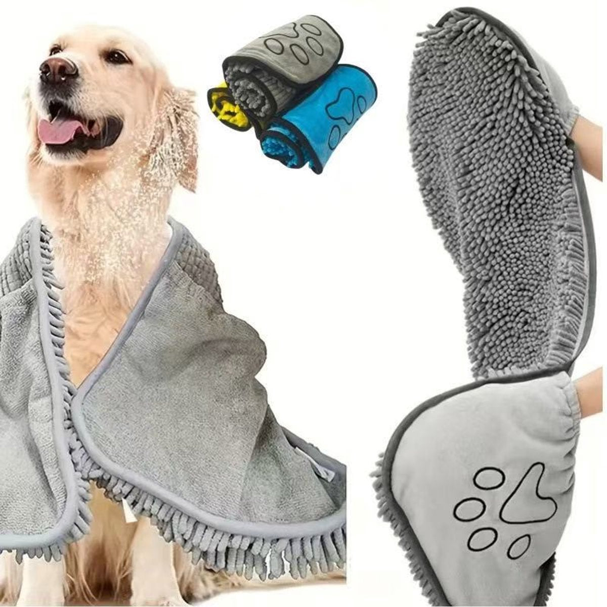 Dog Towel - Quick-drying dog towel - Super absorbent dog towel - Bath towel for dogs - Comfortable paw pockets - Suitable for indoor and outdoor use - Durable material - Machine washable (Gray, 62 x 25 cm)