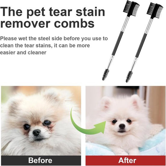 Pet Grooming Comb - 2-Piece Set - Tear Stain Removal Comb for Dogs - Double-Sided Eye Brush for Dogs - Pet Cleaning and Grooming Comb - Pet Eyelash Comb