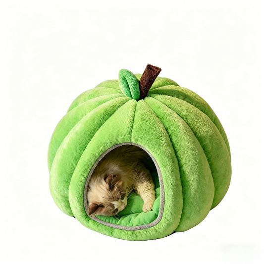 Cozy Pumpkin Cat Cave Bed – Warm Plush Indoor Pet Nest with Removable Cushion (Green / S)