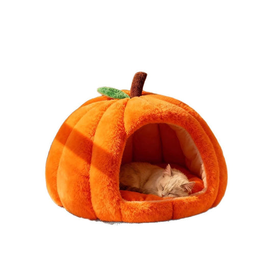 Cozy Pumpkin Cat Cave Bed – Warm Plush Indoor Pet Nest with Removable Cushion (Orange / S)