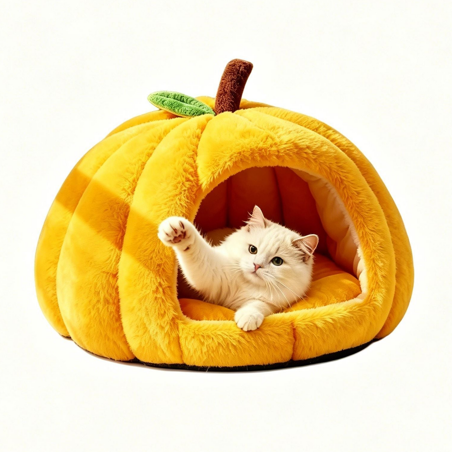 Cozy Pumpkin Cat Cave Bed – Warm Plush Indoor Pet Nest with Removable Cushion (Yellow / L)