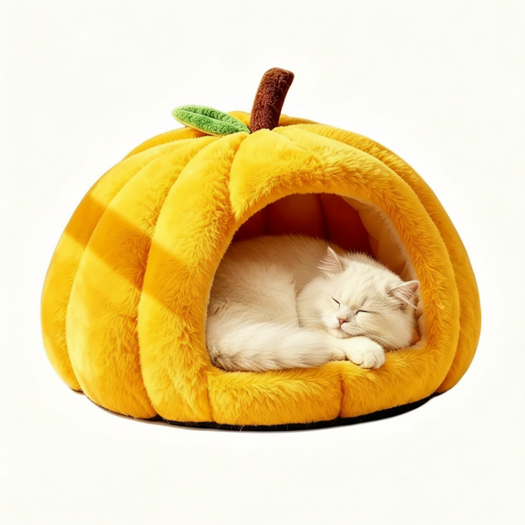 Cozy Pumpkin Cat Cave Bed – Warm Plush Indoor Pet Nest with Removable Cushion (Yellow / L)