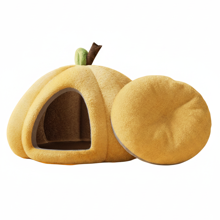 Cozy Pumpkin Cat Cave Bed – Warm Plush Indoor Pet Nest with Removable Cushion (Yellow / L)