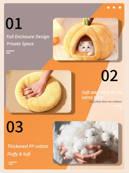 Cozy Pumpkin Cat Cave Bed – Warm Plush Indoor Pet Nest with Removable Cushion (Yellow / S)
