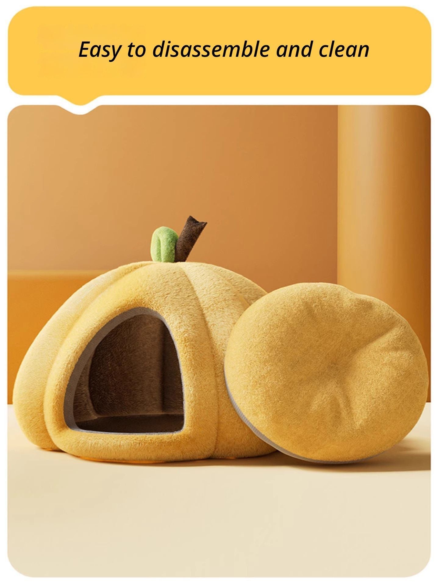 Cozy Pumpkin Cat Cave Bed – Warm Plush Indoor Pet Nest with Removable Cushion (Yellow / S)