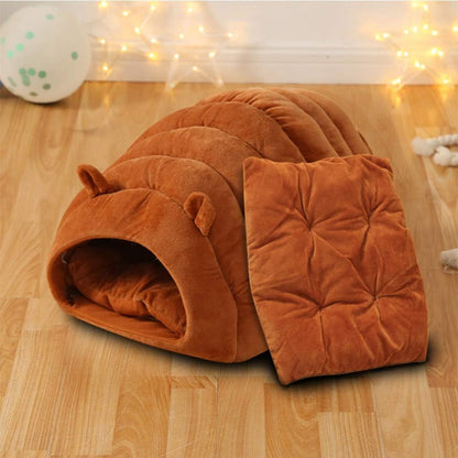 Orange Brown Cat Cave Bed - Cozy Pet House for Cats - Soft Comfortable Kitten Bed