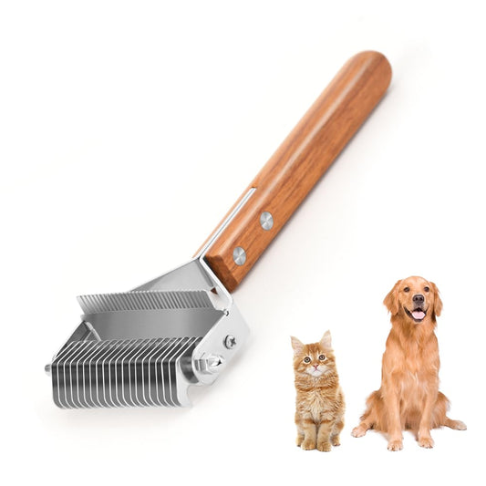 2-in-1 Dematting Comb & Shedding Brh, Undercoat Rake Grooming Tool with Wooden Handle for Dogs & Cats - Easily Removes Mats, Tangles, and Loose Hair