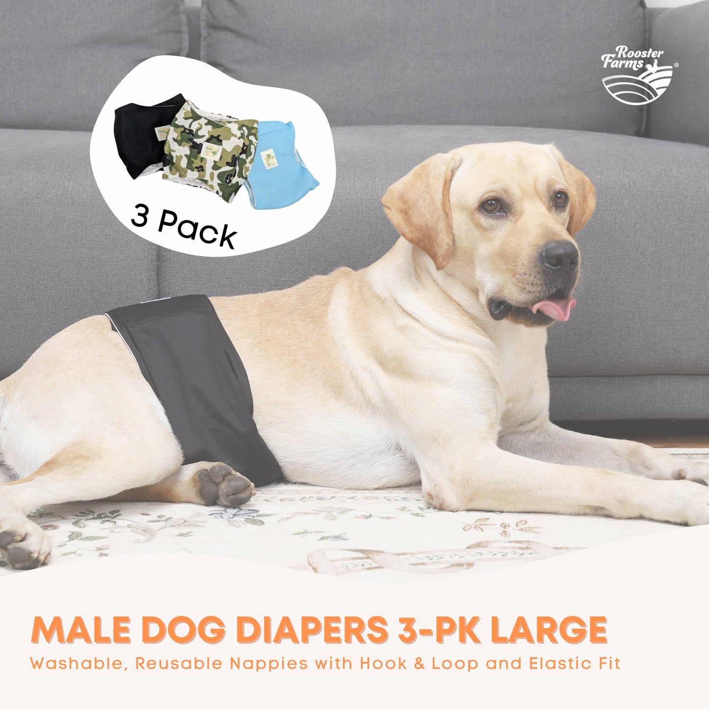 Rooster Farms Male Dog Diapers Large 3Pk - Washable Reusable Nappies Hook/Loop