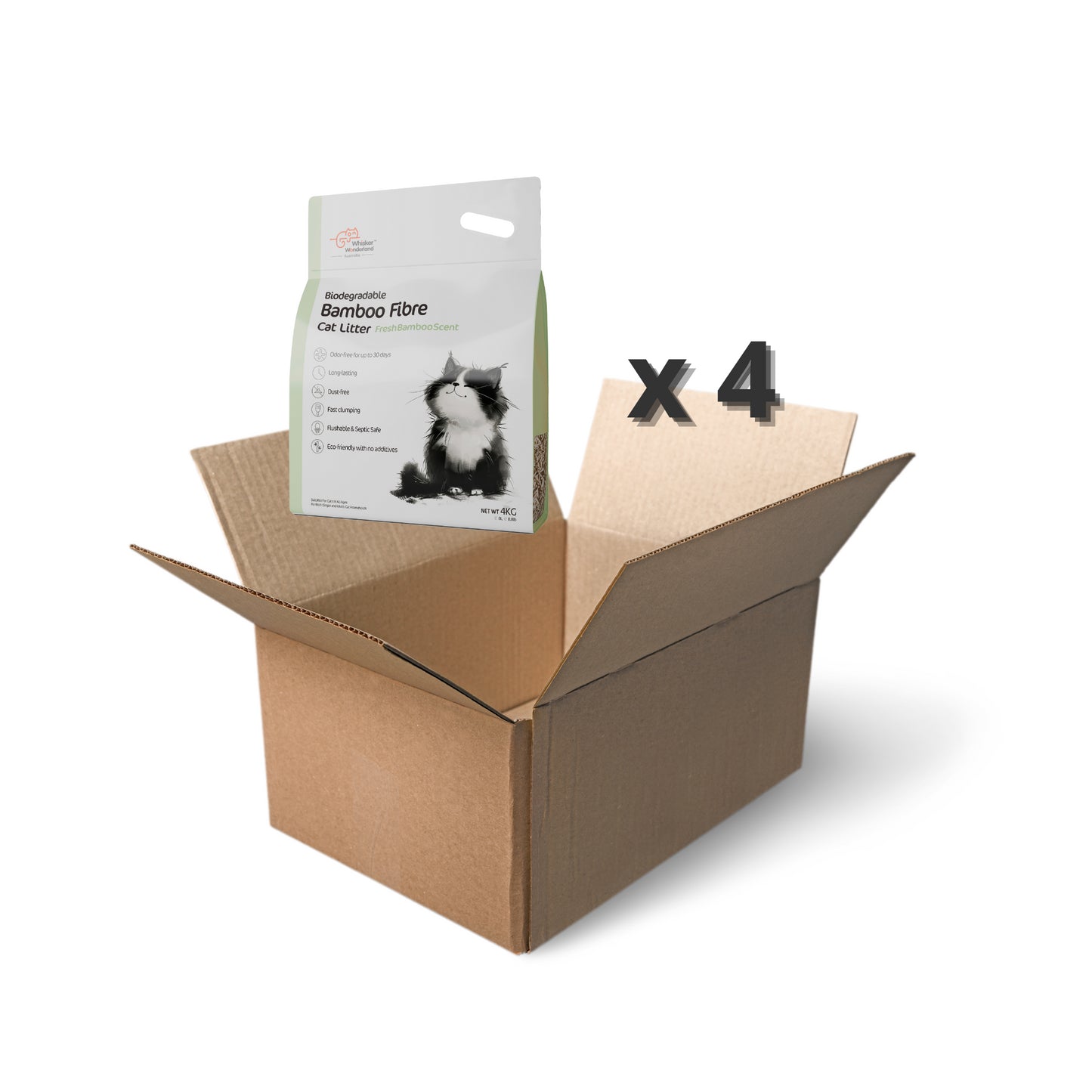 Whisker Wonderland Bulk Biodegradable Bamboo Fibre Cat Litter 4KG - Full Box (Save More!) | Superior Odour Control, Fast Clumping & Flushable | Eco-Friendly Value Pack