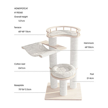 HONEYPOTCAT Leisure Loft With Hammock & Scratch Post - White Velvet - 127cm
