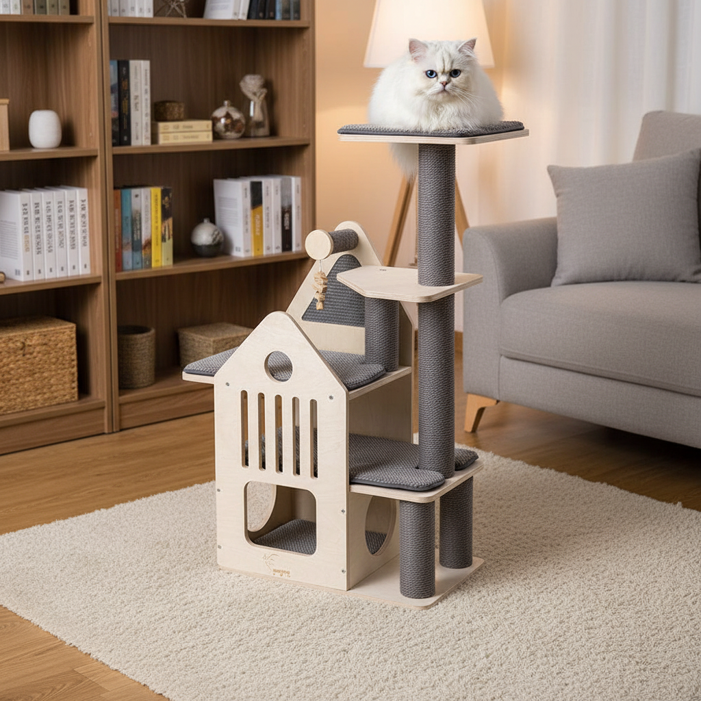 HONEYPOTCAT 2-Level Cat Villa – Scratching Post & Cozy Indoor Cat Tower (113cm)