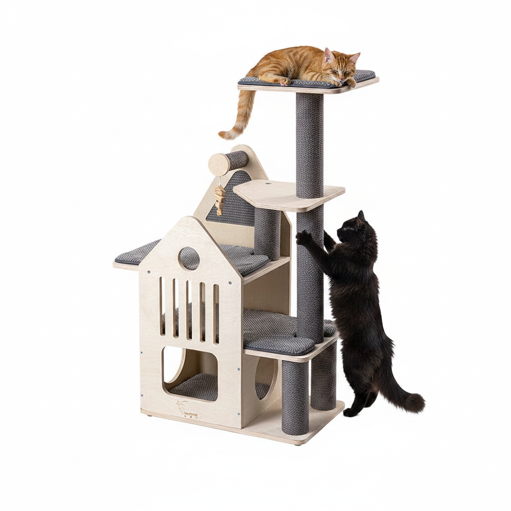 HONEYPOTCAT 2-Level Cat Villa – Scratching Post & Cozy Indoor Cat Tower (113cm)