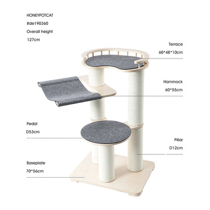 HONEYPOTCAT Leisure Loft With Hammock & Scratch Post - Gray Felt - 127cm