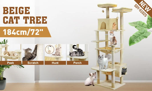 VaKa 184cm Road Cat Tree Tower Scratching Post Scratcher Condo with Big Hammock