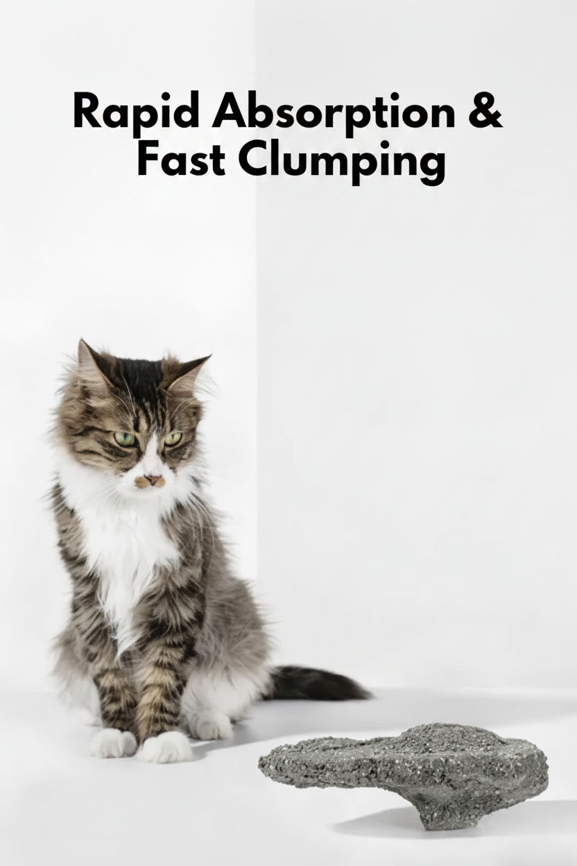 Cat with a clumping cat litter product on a white background