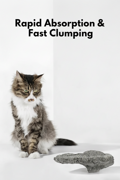 Cat with a clumping cat litter product on a white background