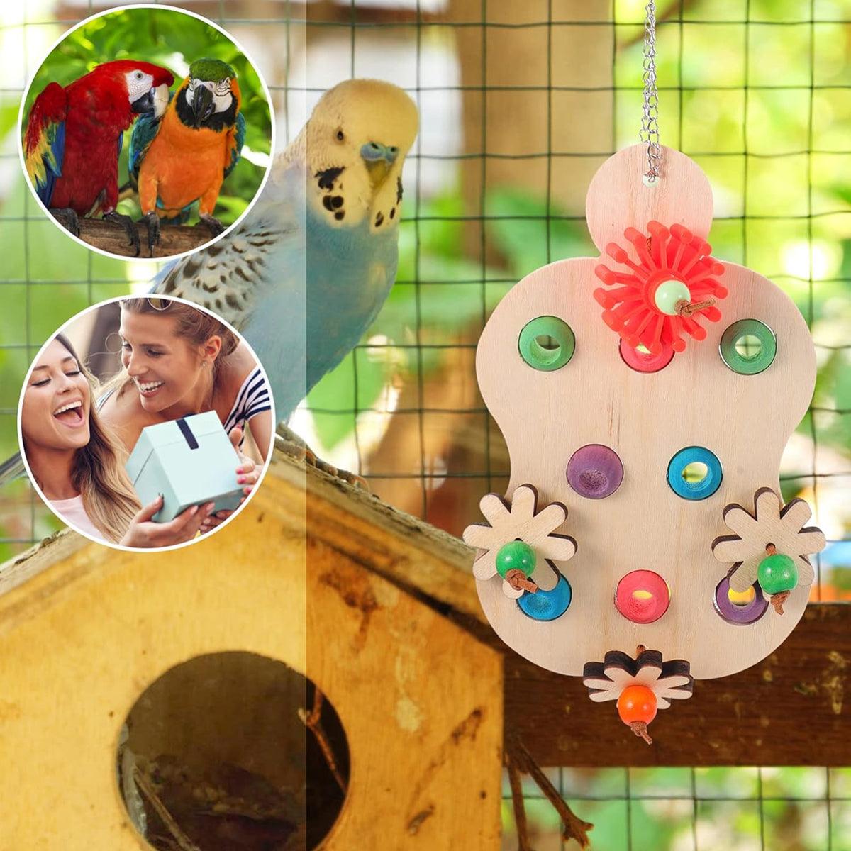 Wooden Parrot Toys Educational Interactive Chewing Nibbling Hanging Cage Toys