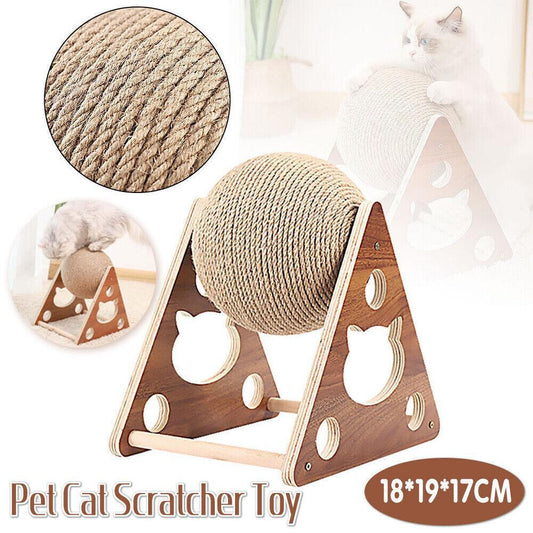 Wooden Cat Scratcher Toy with Rotating Sisal Ball Scratch Post Triangle Frame