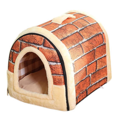 L Size Pet House Kennel Soft Igloo Beds Cave Cat Puppy Bed Warm Cushion Fold - Brick