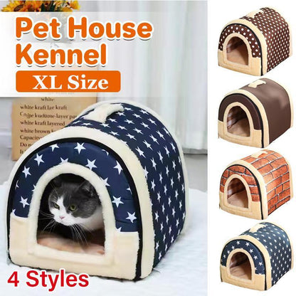 XL Size Pet House Kennel Soft Igloo Beds Cave Cat Puppy Bed Warm Cushion Fold - Brick