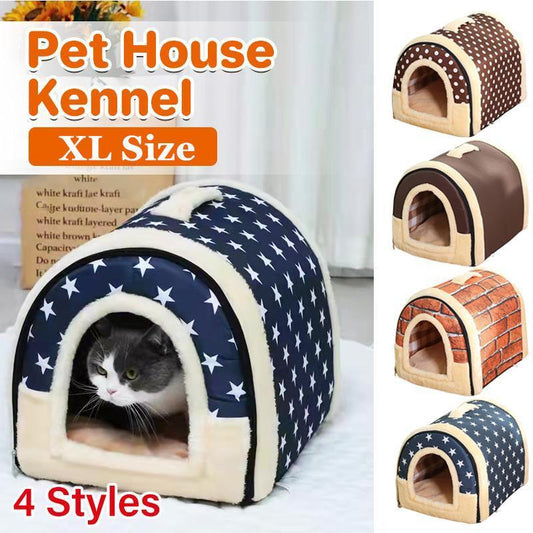XL Size Pet House Kennel Soft Igloo Beds Cave Cat Puppy Bed Warm Cushion Fold - Brick