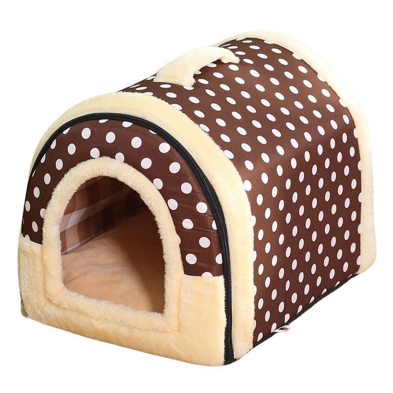 XL Size Pet House Kennel Soft Igloo Beds Cave Cat Puppy Bed Warm Cushion Fold - Brown Dots