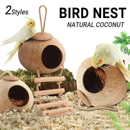 Natural Coconut Bird Nest Cage Pet Parrot Parakeet Safe Hut Feeder Shell Home - Stairs type