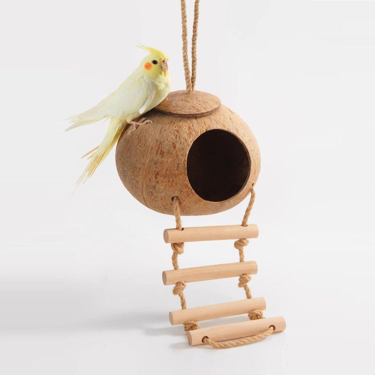 Natural Coconut Bird Nest Cage Pet Parrot Parakeet Safe Hut Feeder Shell Home - Stairs type