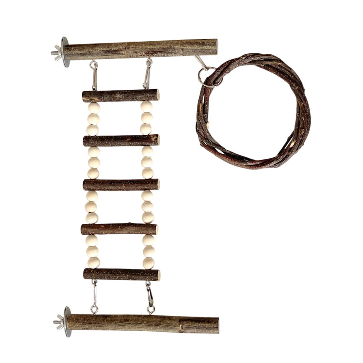 Wooden Parrot Stand Climbing Ladder Swing Toy for Birds Cage Play Accessories - Nut Washer Fixed Type