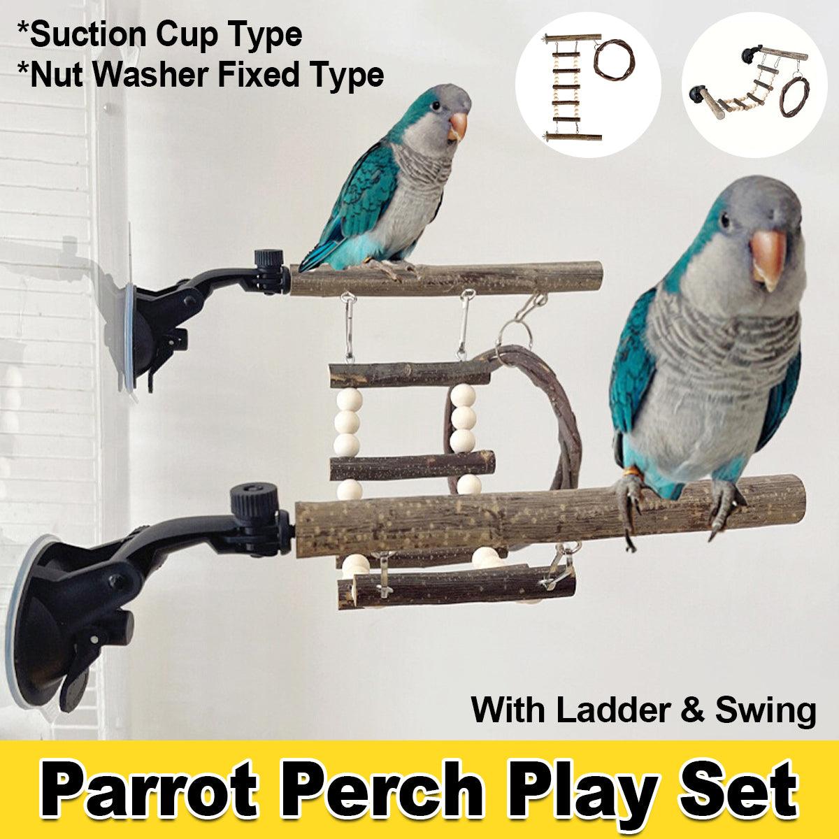 Wooden Parrot Stand Climbing Ladder Swing Toy for Birds Cage Play Accessories - Suction Cup Type
