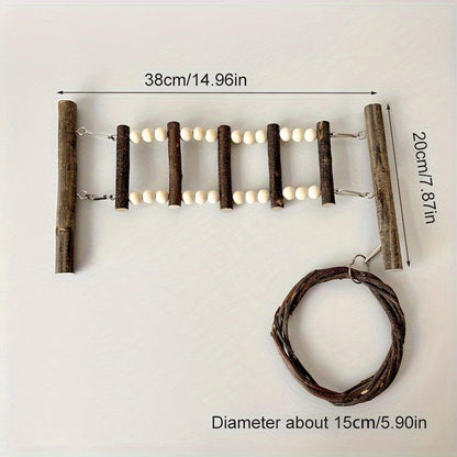 Wooden Parrot Stand Climbing Ladder Swing Toy for Birds Cage Play Accessories - Suction Cup Type