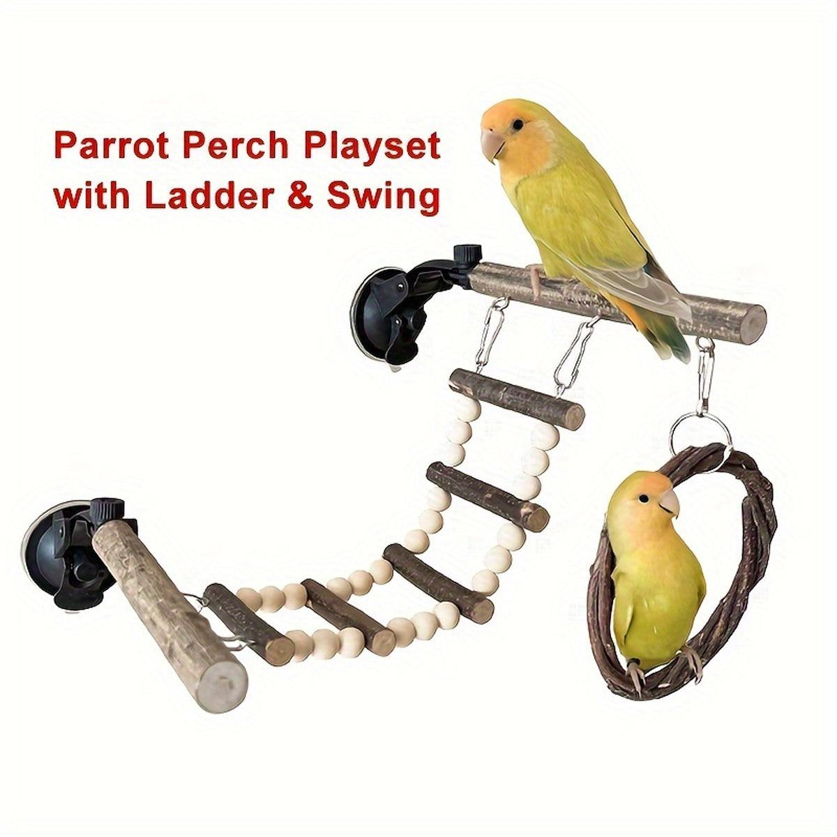 Wooden Parrot Stand Climbing Ladder Swing Toy for Birds Cage Play Accessories - Suction Cup Type