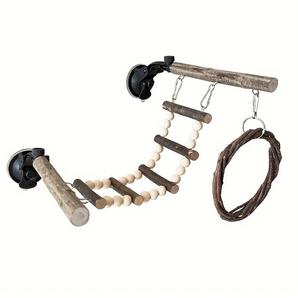 Wooden Parrot Stand Climbing Ladder Swing Toy for Birds Cage Play Accessories - Suction Cup Type