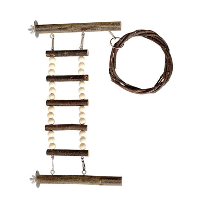 Wooden Parrot Stand Climbing Ladder Swing Toy for Birds Cage Play Accessories - Suction Cup Type